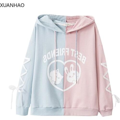 XUANHAO Pink Kawaii Sweet Rabbit Hoodies Women Japanese Cute Cat Girl Lovely Pullovers Harajuku Bandage Sleeve Hooded Sweatshirt