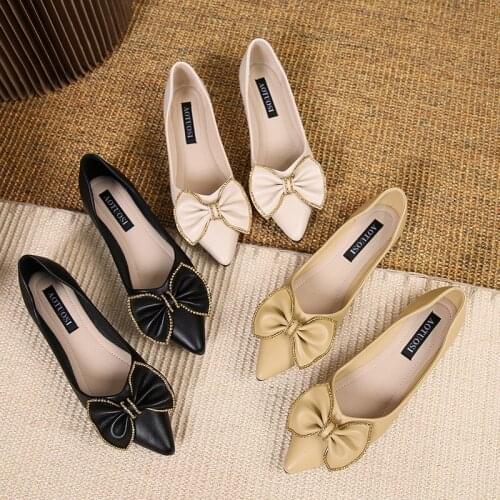Womens Pointed-toe Lazy Shoes Autumn 2021 New Fairy Style Bow Single Shoes Version Low-heeled Flat Shoes