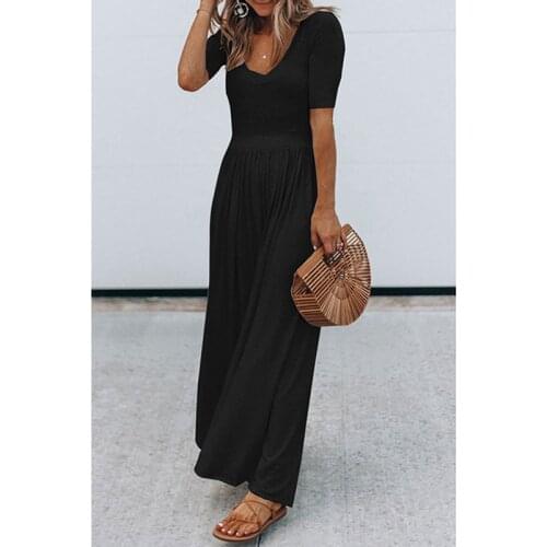 Summer Female Short Sleeves Solid High Waist Flare Maxi Dress Women Low Neck Casual Lady Long Jumpsuits