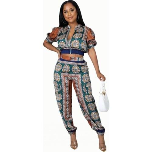Fashion 2 Piece Set Summer Casual Suits Short Sleeve Printed Zipper Top Trousers Matching Women Two Piece Clothing Female Outfit