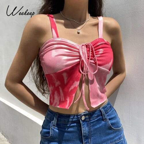 Weekeep Casual Pink Tie Dye Patchwork Crop Top Women Sleeveless Lace Up Drawstring Split Camisole Summer Y2K Aesthetic Slim Tees