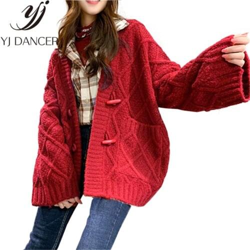 2019 Spring New Fashion Sweater Bell Sleeve Lattice Knit Cardigan Horn Buckle OVERSIZE Womens Thick Knitted Sweaters Jacket L92