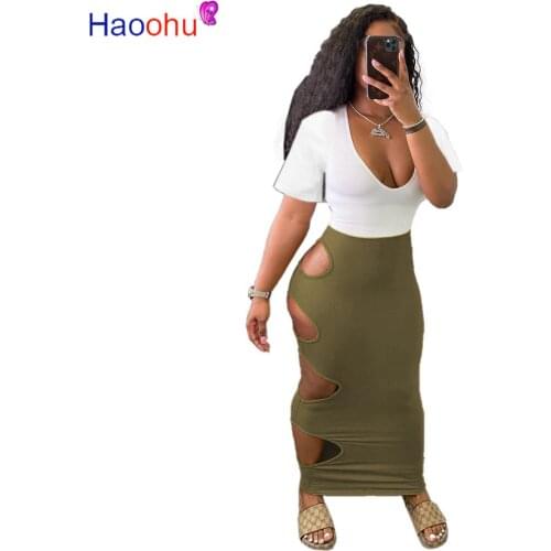 HAOOHU Women Dress Patchwork Short Sleeve V-neck Hollow Out Sheath Elastic Ankle Length Dresses Female High Street Outfits 2021