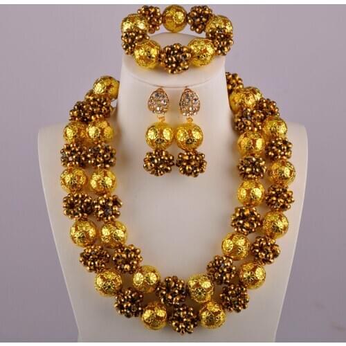 2 Layers Woman Golden Plated Nigerian Necklace African Wedding Beads JewelrySet Crystal