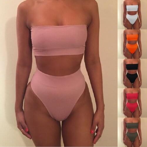 Bikini 2021 Swimwear Swimsuit Women Solid High Waist Bikini Set Backless Bandeau Bathing Suit Female Beach Wear Biquini