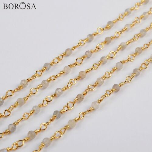 BOROSA 3Meters 2mm Natural Labradorite Beads Faceted Chains Beads Brass Chains In Gold/Silver Color Jewelry Findings JT246