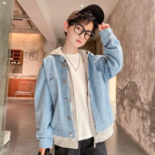 Boys spring and autumn denim fake two-piece hooded jacket new medium and large childrens clothing 6-12 years old