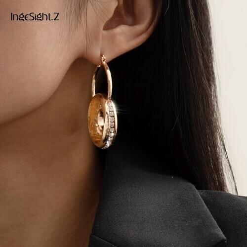 IngeSight.Z Punk Geometric Gold Color Hoop Earrings Rhinestone Crystal Round Circle Loop Earrings for Women Jewelry Accessories