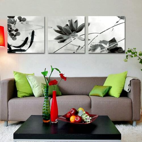Oil Paintings Print black and white Chinese style Lotus and Fish Modern Wall Art Picture for Living room Canvas Paintings