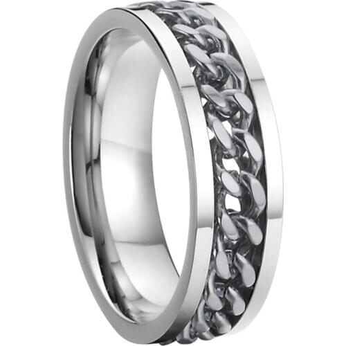 China Supplier cool wife and husband gift wedding band gear rings inlay with link chain