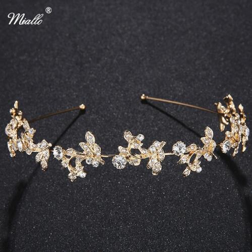 Miallo Rhinestone Pearl Crown Headband Vintage Crystal Bridal Tiaras Wedding Accessories Leaves Jewelry Gold Color for Hair