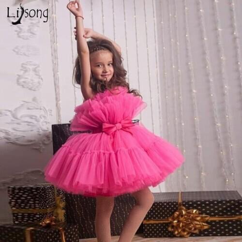 Cute Fuchsia Puffy Tutu Short Christmas Kids Dresses To Birthday New Year Party Tulle Flower Girl Dress Pageant Girls Dresses