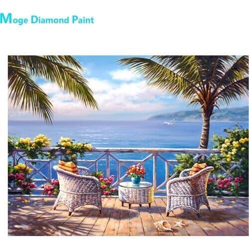 Seaside Scenery Diamond Painting Scenic Round Full Drill Balcony Wicker Chair Nouveaute DIY Mosaic Embroidery 5D Cross Stitch