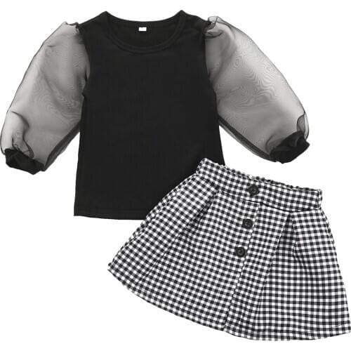Toddler Clothes Sets Girls Lace Puff Sleeve T Shirts Tops Plaid A-Line Mini Skirts Baby Outfits1-6Y