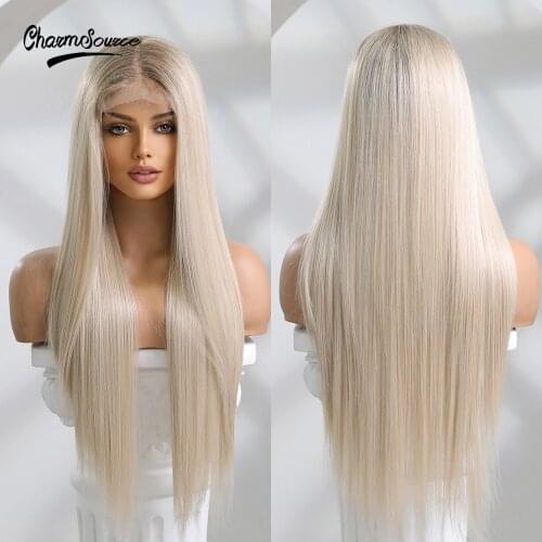 CharmSource Long Straight Hair Brown Ombre Blonde Front Lace Wig Synthetic for Women Daily Party Cosplay Wedding High Density