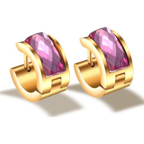 QianBei Fashion Pink Crystal Rhinestone Stainless Steel Studs Hoop Mens womens Enagagement Wedding Earrings NEW