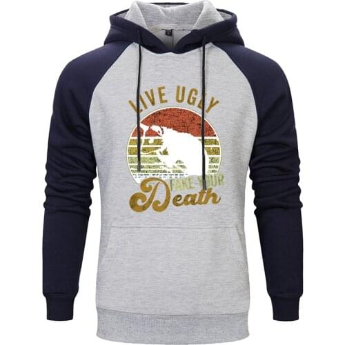 Raglan Hooded Mens Live Ugly Cat Print Casual Fashion Sweatshirt Hoodie Hipster Leisure Pullovers Tops Retro Supoleron Hombre