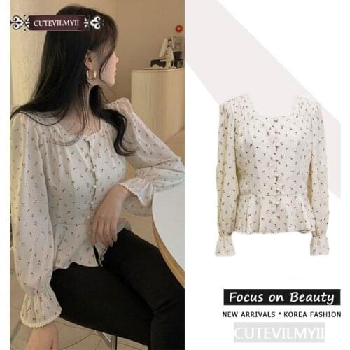 South Korea chic romantic top Hot Sales Women Preppy Style Girls Sweet Blouse Floral Print Peplum Top Button Shirt