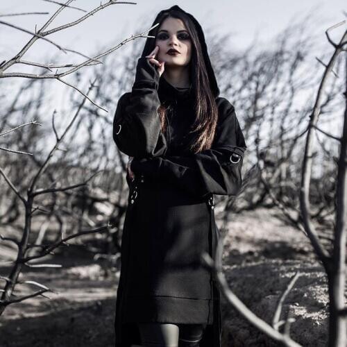 Dark Gothic Punk Style Hoodies Side High Split Hooded Pullovers Girls Belt Ribbons Oversized Long Sweatshirts Halloween Tops