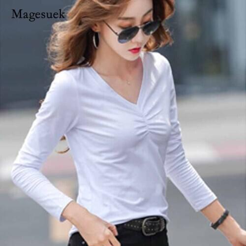 Autumn Clothes Korean Office Lady Style Slim Plus Shirts Cotton V-neck Solid Color T-Shirt Womens Long Sleeve Top Female 10638