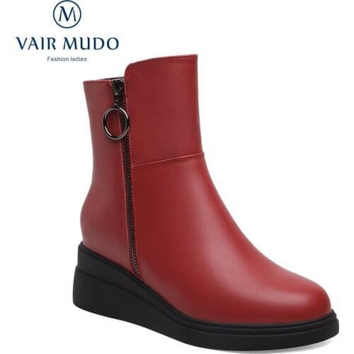 VAIR MUDO Women Martin Boots Shoes Wedges Black Red Round Toe Autumn Winter Concise Shoes Women Elegant Boots Concise WM-X242-C