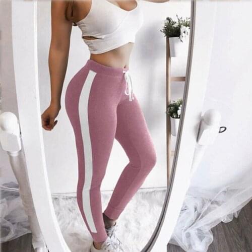 Plus Size Women Sports Running Long Pants Side Stripe Gym Fitness Skinny Pencil Pants Running Elastic Drawstring Trousers 5Color