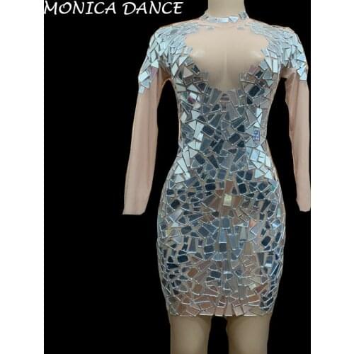 Women Sparkly Silver Mirrors Mesh Perspective Dress Backless Party Dresses Birthday Celebrate Costume Singer Performance Dress