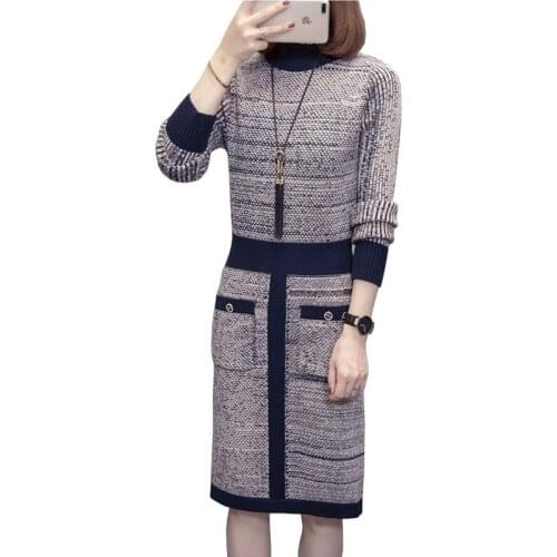 Real Shot Fashion Knit Dress Long Sleeve Half Turtleneck Stripe Pullover Sweater Women Casual Plus Size Bottoming Dress KW245