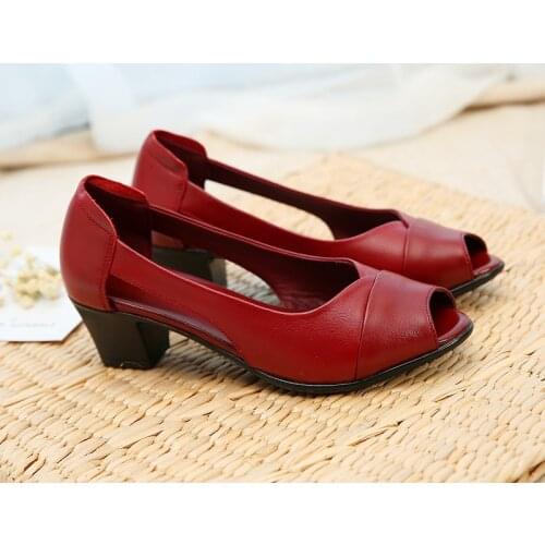 ZZPOHE summer fashion womens sandals leather shallow sandals middle-aged mother middle-heeled plus size womens sandals