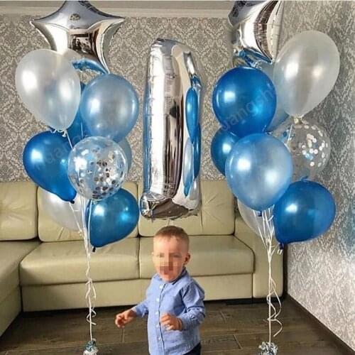 1set 1-year-old baby Happy Birthday Balloon Set boy baby shower party decoration balloon silver number 1 blue white latex ballo