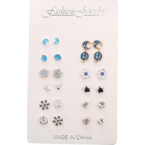12 Pairs Cute Multiple Piercing Stud Earrings Moon Star Planet Snowflake Rhinestone Jewelry for Teen Girls Women Gifts