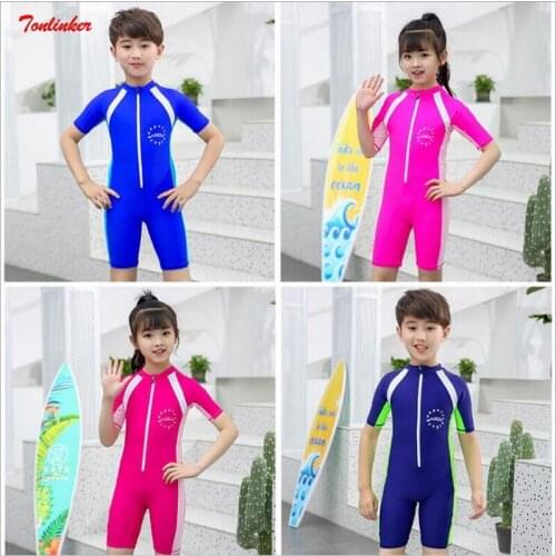 Boys And Girlsl One Piece Swimsuit with Swim Cap Quick-Drying Sunscreen Swimsuit Children Sport Swimwear Wetsuits Short