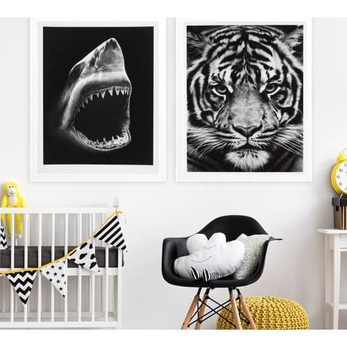 Black White Painting Shark Tiger Animals Poster Canvas Print Painting Wall Art Kids Room Home Decoration