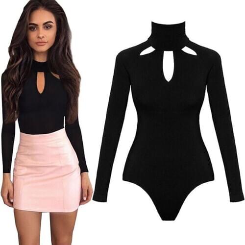 2021 Spring Autumn Turtleneck Long Sleeve Bodycon Bodysuit Ladies Solid Overalls Body Top Sexy Women Hollow Out Boysuit Rompers