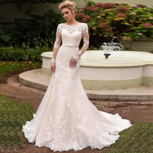 Elegant Lace Sashes Wedding Dress Long Sleeves Bride Dresses Wedding Dress Vestidos De Novia Mermaid Wedding Dresses