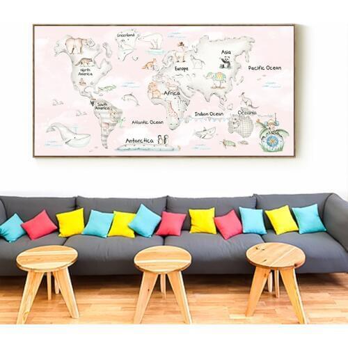 Elegant Poetry Nordic Minimalist Style Kawaii Cute Animal World Map Canvas Painting Print Poster Picture Art Wall Home Decoratio
