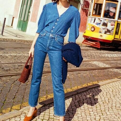 Elfbop 2019 Fashion Viscose 100% V Neck Dots Print Top With Elbow Sleeve - Women/Ladies Casual Tops