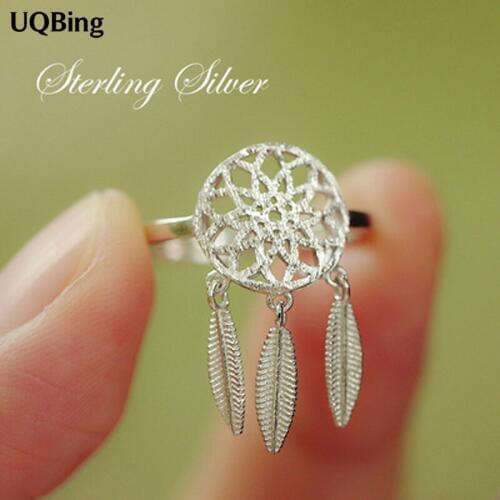 Fashion 925 Sterling Silver Feather Dreamcatcher Rings For Women Girl Jewelry Silver Rings Adjustable Finger Rings