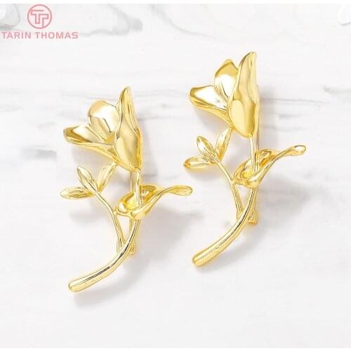 2PCS 36x58MM 24K Gold Color Plated Brass Tulip Branch Brooch High Quality DIY Jewelry Making Findings Accessories