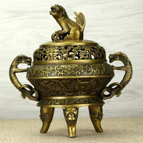 Brass incense burner Buddhist products double Chinese dragon handle Antique lion
