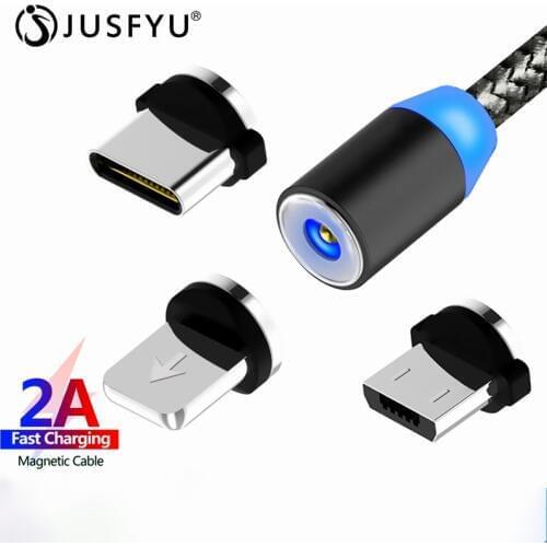 JUSFYU LED Magnetic Charge Cables for iPhone Samsung Mobile Phone 2.4A Fast Charging Magnet Charger Micro USB Cable Type C Wire