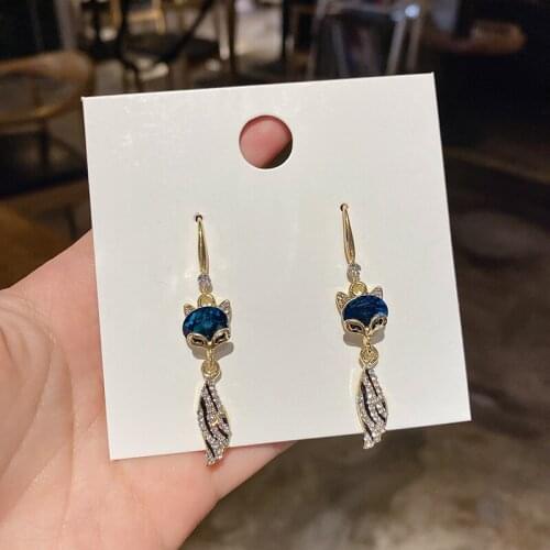 Trend Temperamental Blue Crystal Fox Long Earrings Personality Exquisite Rhinestone Tail Earrings Woman Bijoux