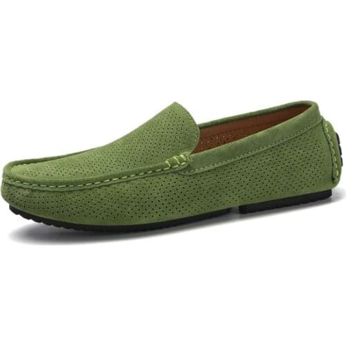 2021 Summer Men Loafers Genuine Casual Shoes Fashion Slip On Driving Shoes Breathable Moccasins Green Suede Loafers