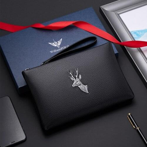 WILLIAMPOLO Mens Genuine Leather Clutch Bag With Strap Fashion Design Elk Pattern Zipper Wallet with Gift Box PL202141