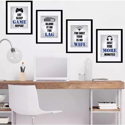 Video Game Themed Gamer Wall Art Canvas Posters Home Decor Black, White and Blue Gaming Bedroom Pictures Prints Decor for Teen