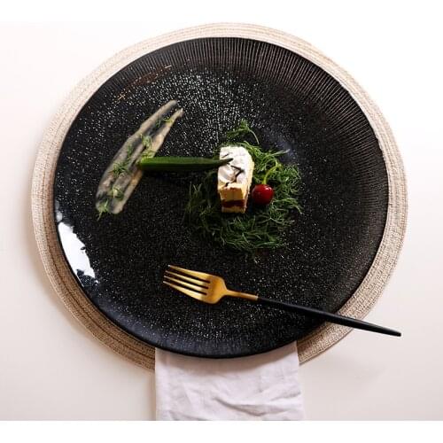 New Creative Plate Black Round Glass Plate Nordic Style Home Steak Western Food Pad Ins Tableware Dinner Plates Dishes Set