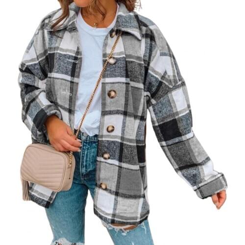 Coat Women Long Sleeve Plaid Shirt Jacket Autumn Winter Buttons Coat Loose Outerwear