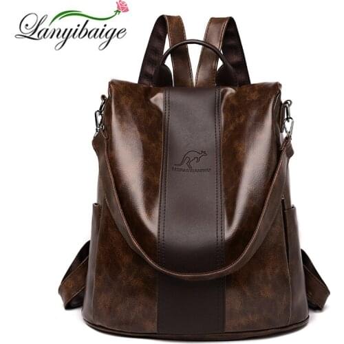 Ladiess Pure Color PU Leather Bagpack Large Capacity Retro Backpack Fashion Double Shoulder Ladies Backpacks Travel School Bag