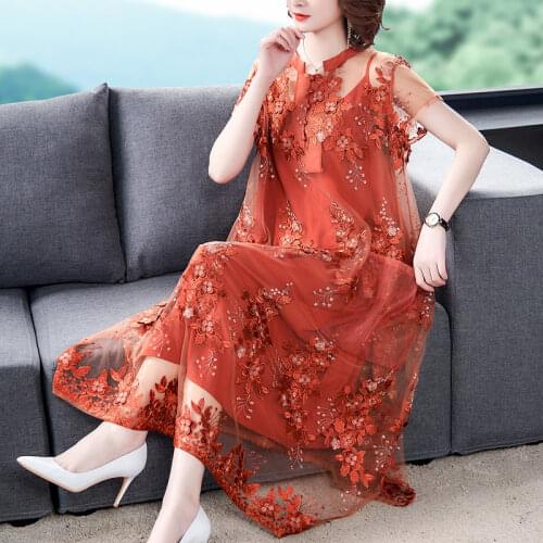 Summer Korean Womens Female 4xl 5xl Short Sleeve Loose Embroidery Orange Brown Dress , Woman Long A Line Dresses