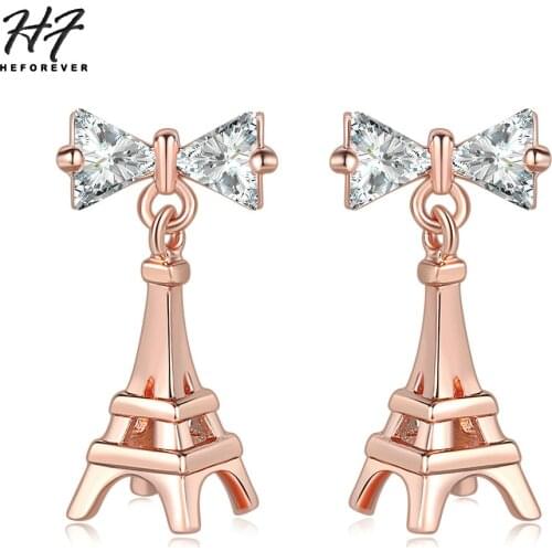 Eiffel Tower Style Drop Earrings for Women Unique Bowknot Crystal Rose Gold Silver Color Gift New Design Fashion Jewelry DZE003